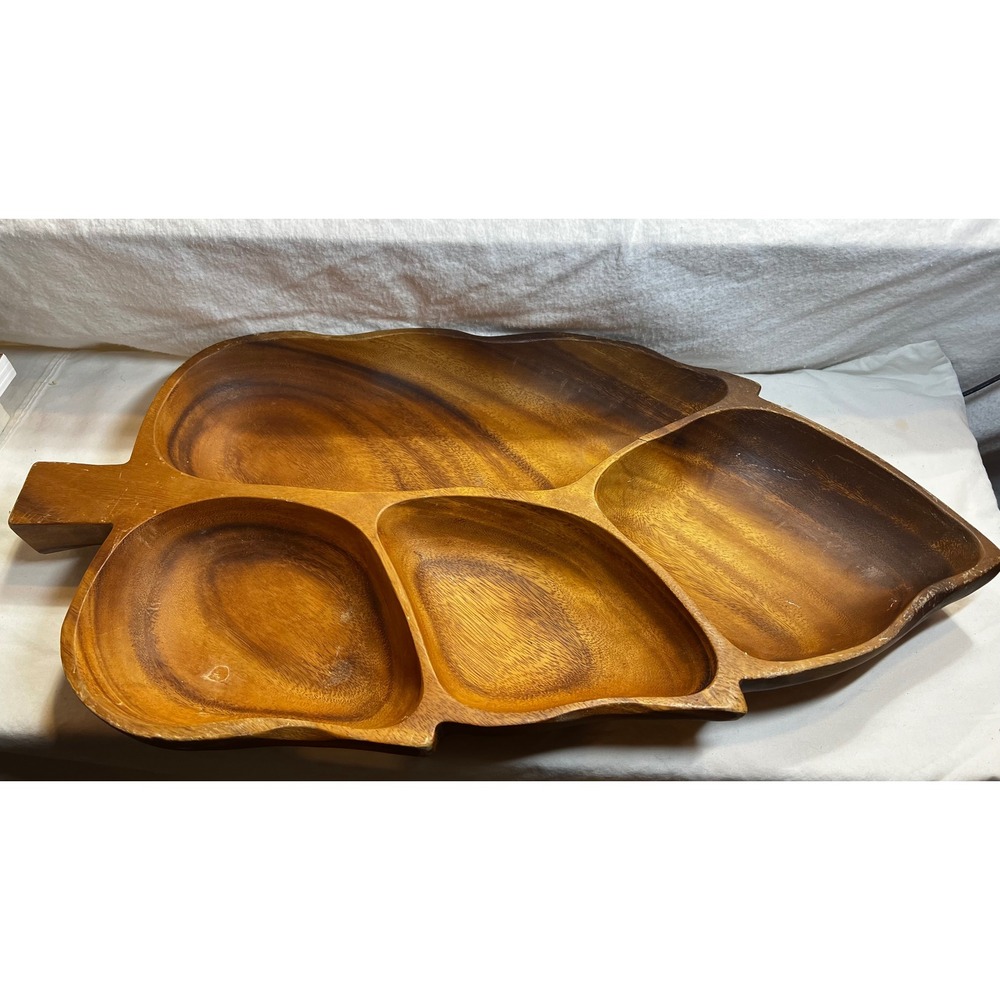 VTG Monkey Pod‎ Wood Leaf Serving Tray Divided Platter Mid Century Modern 22in